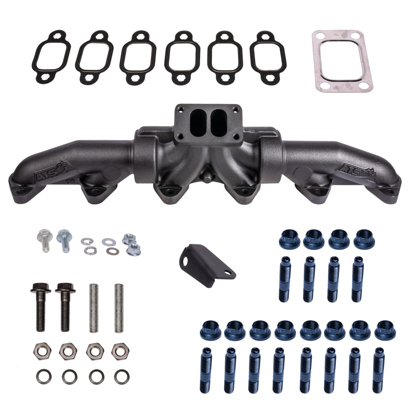Pulse Flow Exhaust Manifold Kit Fits 1994-Early 1998 5.9L Cummins 3-Pc T3 With Gaskets Premium Hardware ATS - Image 1