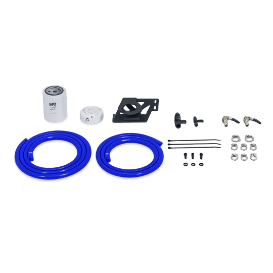 Mishimoto Coolant Filter Kit MMCFK-F2D-08BL for 2008-2010 6.4L Powerstroke with black housing and blue hoses