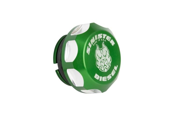 DSC1115_720x480 Sinister Diesel Billet Fuel Plug / Cap -Green- (SDFP67CGRN) for 2013-2024 Cummins 6.7L - Image 1