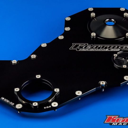 Keating Machine black anodized 12 valve billet timing front cover with 12AN port for Cummins 5.9L
