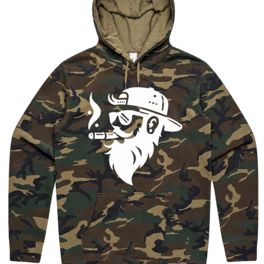 Review Diesel Vinny woodland camouflage pullover hoodie with a white cigar-smoking bearded character graphic