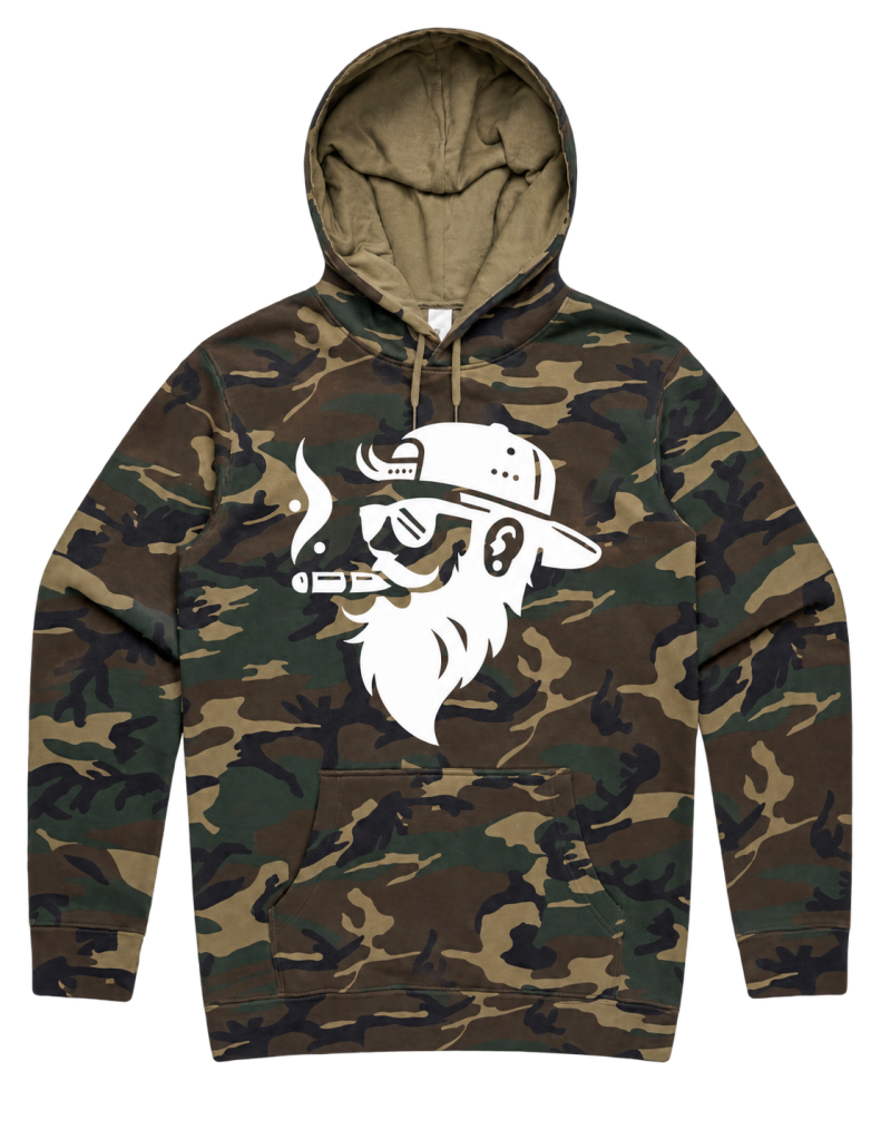 Review Diesel Vinny woodland camouflage pullover hoodie with a white cigar-smoking bearded character graphic