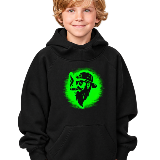 Child wearing the black Review Diesel Green Logo Children’s Hoodie with a bright green Vinny graphic