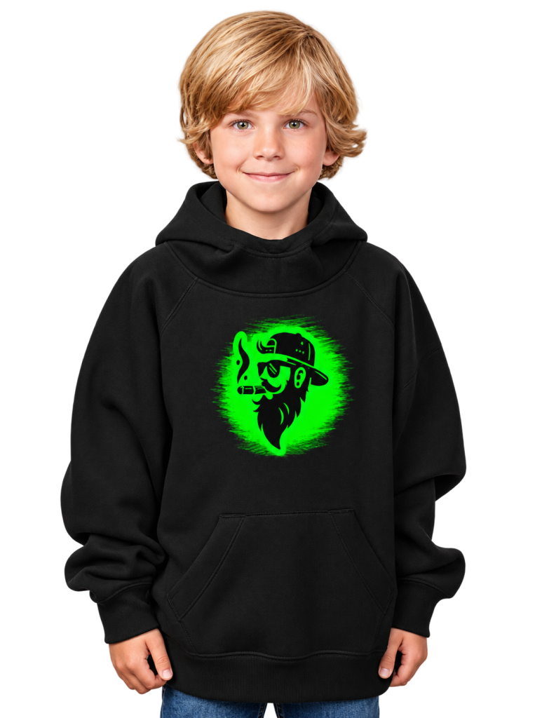 Child wearing the black Review Diesel Green Logo Children’s Hoodie with a bright green Vinny graphic